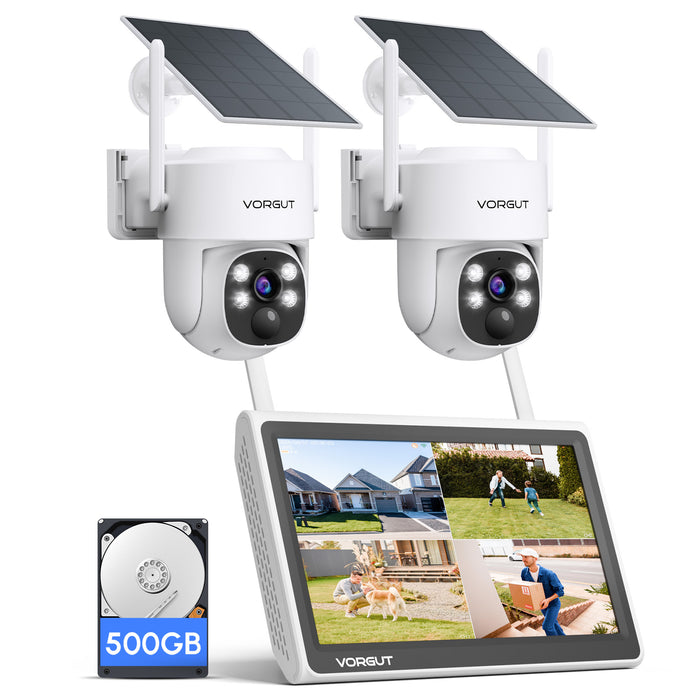 VORGUT Outdoor Solar Security Camera Set of 2 with Monitor (2 x 4MP Cameras + 10" Monitor + 500GB HDD)