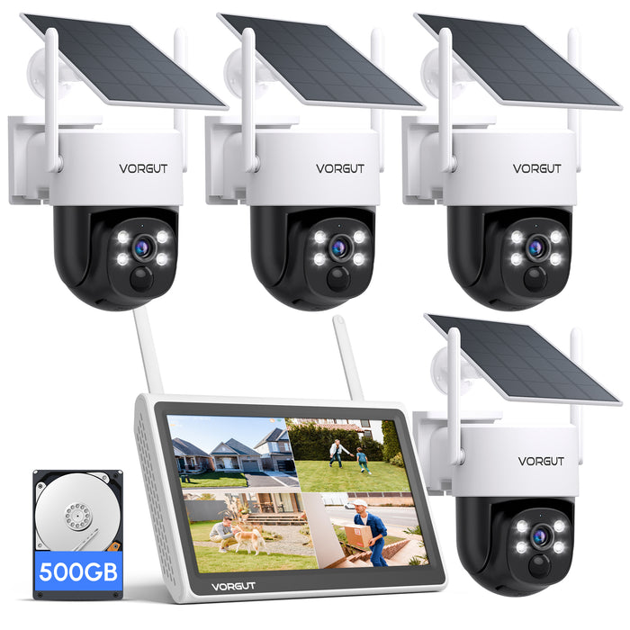 VORGUT 防犯カメラ 屋外 ソーラー 4台 モニター付き 400万画素 (10インチ液晶一体型NVR + 500G HDD内蔵)