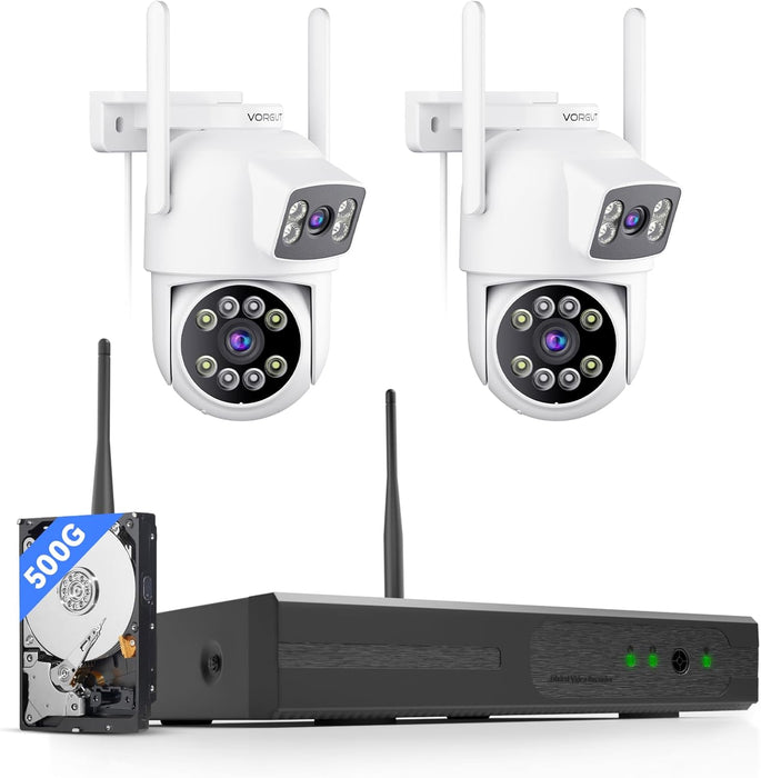 Wireless Security Camera System, 2K Dual Lens Linkage PTZ Cameras for Home Security System Outdoor, 2.4G/5G WiFi, Auto Tracking, Human Detection Alarm, Color Night Vision, 10CH NVR (500G HDD)