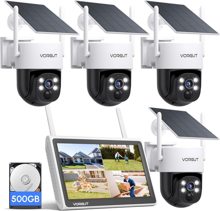VORGUT Outdoor Solar Security Camera Set of 2 with Monitor (2 x 4MP Cameras + 10" Monitor + 500GB HDD)