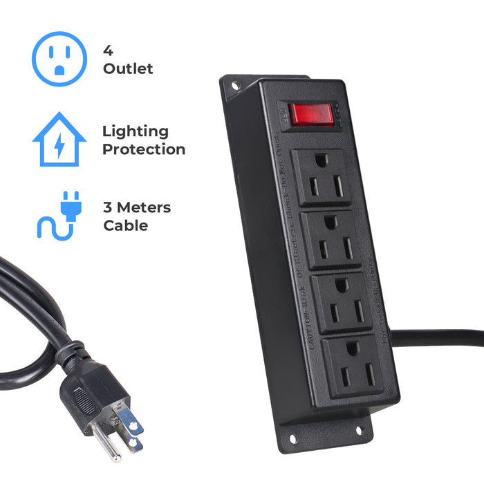 Wall Mount Power Outlet Strip, 4 Outlet Mountable Power Strip with Switch, 10ft Cord Under Desk Power Strip for Office/Industrial/Home, Flat Plug, Black