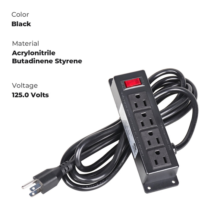 Wall Mount Power Outlet Strip, 4 Outlet Mountable Power Strip with Switch, 10ft Cord Under Desk Power Strip for Office/Industrial/Home, Flat Plug, Black