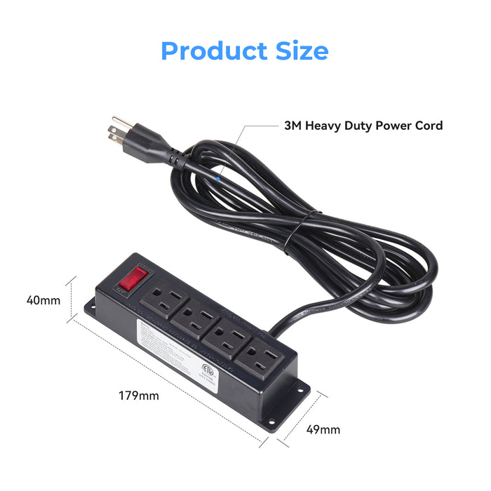 Wall Mount Power Outlet Strip, 4 Outlet Mountable Power Strip with Switch, 10ft Cord Under Desk Power Strip for Office/Industrial/Home, Flat Plug, Black