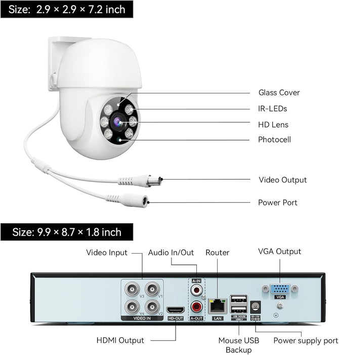 Wired Security Camera System Outdoor, 4pcs Pan/Tilt CCTV Cameras and 4CH 5MP Lite AHD TVI DVR (500GB HDD), 360° View Surveillance DVR Kit, Motion Detection, 24/7 Recording, Remote Access