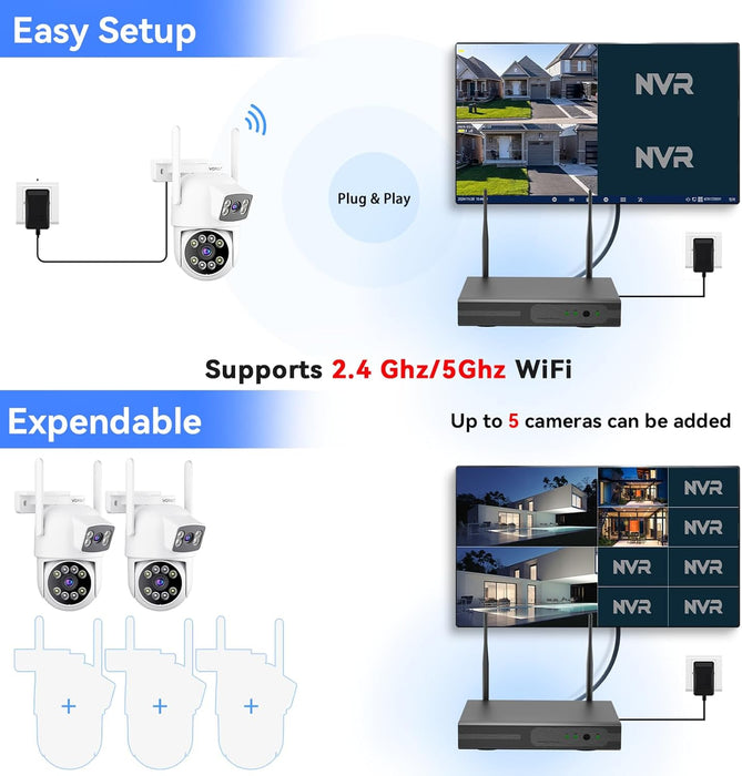 Wireless Security Camera System, 2K Dual Lens Linkage PTZ Cameras for Home Security System Outdoor, 2.4G/5G WiFi, Auto Tracking, Human Detection Alarm, Color Night Vision, 10CH NVR (500G HDD)