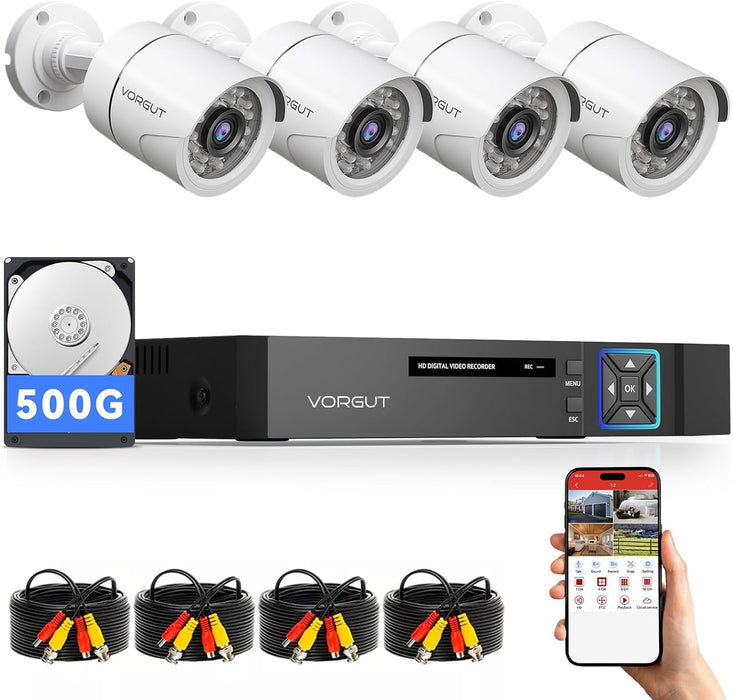 Wired Security Camera System Outdoor with 4pcs 1080P Waterproof Security Camera, 4CH AHD DVR with 500G HDD Indoor/Outdoor Surveillance DVR Kit, IR Night Vision, Motion Detection, 24/7 Record