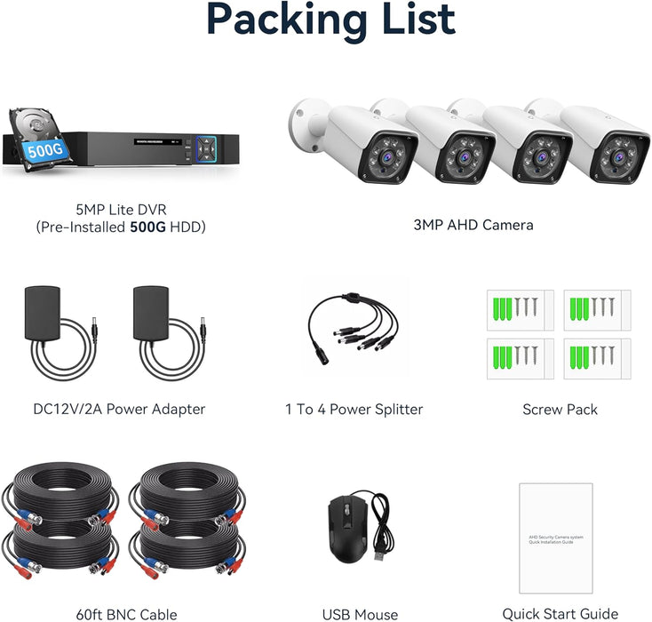 Wired Security Camera System, 8CH 5MP Lite CCTV Surveillance DVR Kit with 500G HDD, 4 x 3MP AHD Security Camera Outdoor, IP66 Waterproof Metal Shell,Remote Access,Smart Detection,24/7 Record