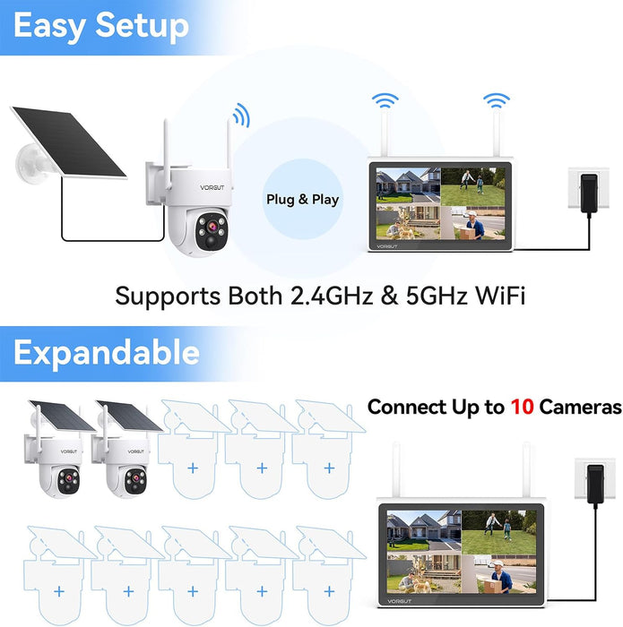 Solar Security Cameras Wireless Outdoor with 10'' Monitor, 2pcs 2K Solar Powered Camera System, 360° PTZ, Color Night Vision,Human Detection,10CH NVR with 500GB HDD,2.4G/5G WiFi,No Monthly Fee