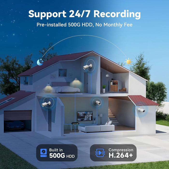 Wired Security Camera System Outdoor with 4pcs 1080P Waterproof Security Camera, 4CH AHD DVR with 500G HDD Indoor/Outdoor Surveillance DVR Kit, IR Night Vision, Motion Detection, 24/7 Record