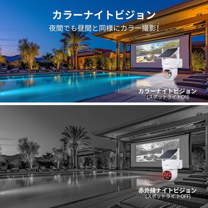 400万画素 ワイヤレスソーラー防犯カメラ 屋外用 360°広角、IP66防水、双方向通話、最大10台まで増設可能、500GBハードディスク内蔵