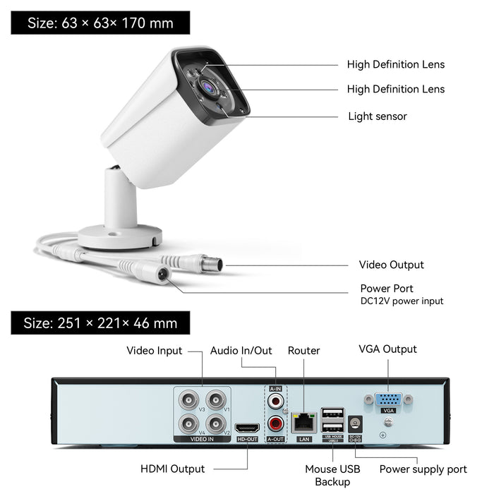 Wired Security Camera System Outdoor, 4CH 5MP Lite AHD DVR with 500G Hard Drive, 4 x 5MP Wired CCTV Camera, Indoor/Outdoor Surveillance DVR Kit with Human Detection, Night Vision