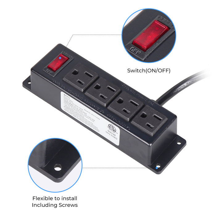 Wall Mount Power Outlet Strip, 4 Outlet Mountable Power Strip with Switch, 10ft Cord Under Desk Power Strip for Office/Industrial/Home, Flat Plug, Black