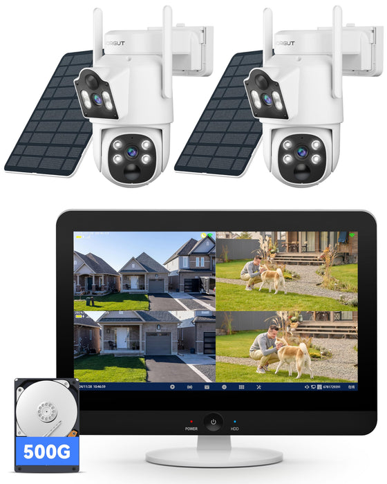 12'' Monitor NVR + 500G HDD, VORGUT Solar Camera Security Outdoor Wireless, 2pcs Dual Lens (3MP+3MP) Home Security Cameras System Outside Indoor, 16CH Monitor 2.4G/5G WiFi, 355 ° PTZ, Human Detection