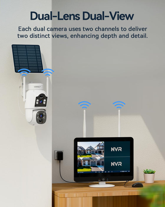 12'' Monitor NVR + 500G HDD, VORGUT Solar Camera Security Outdoor Wireless, 2pcs Dual Lens (3MP+3MP) Home Security Cameras System Outside Indoor, 16CH Monitor 2.4G/5G WiFi, 355 ° PTZ, Human Detection