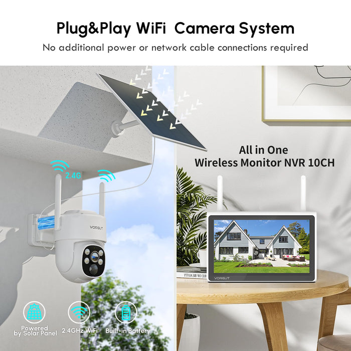 Solar Security Camera System, 10" LCD Monitor 10CH WLAN NVR with 500GB HDD, 4X 4MP PTZ WiFi Battery Powered Surveillance Camera,Outdoor Solar Wireless CCTV Kits,PIR Human Detection/2-Way Talk
