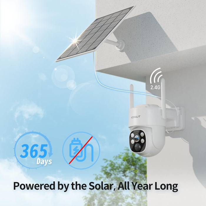 Security Camera Wireless Outdoor, 4MP WLAN Solar Security Camera, Battery Powered 360°PTZ Surveillance Camera with Solar Panel, Color Night Vision/PIR Motion Detection/2.4GHz