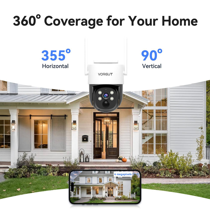 Solar Security Camera Wireless Outdoor, 4MP 360° PTZ Solar Camera for Home Security with Solar Panel, Spotlight Color Night Vision, Human Detection, 2-Way Talk