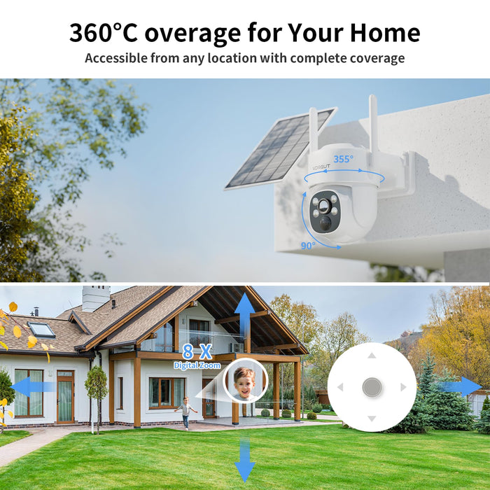 Security Camera Wireless Outdoor, 4MP WLAN Solar Security Camera, Battery Powered 360°PTZ Surveillance Camera with Solar Panel, Color Night Vision/PIR Motion Detection/2.4GHz