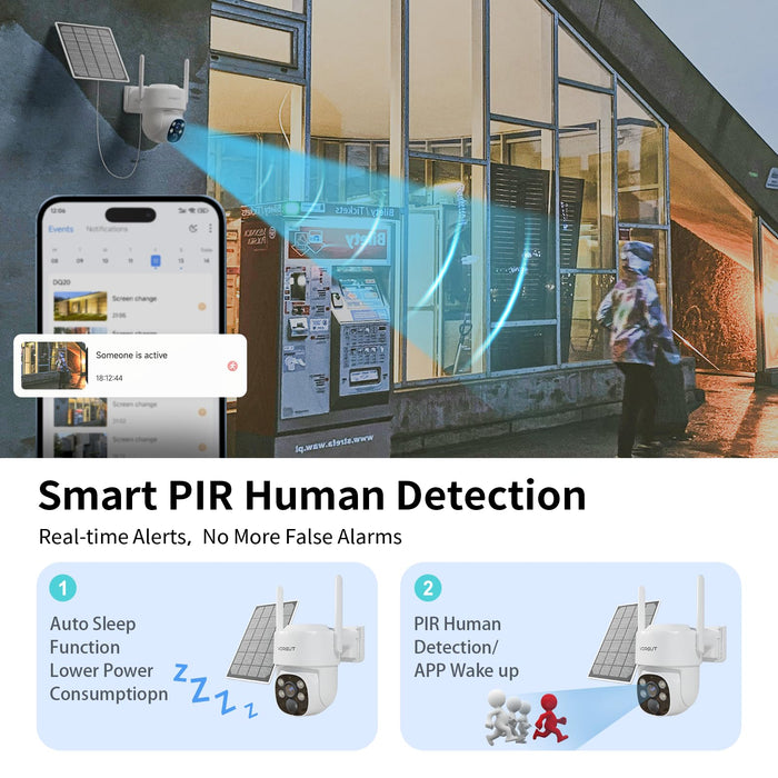 Security Camera Wireless Outdoor, 4MP WLAN Solar Security Camera, Battery Powered 360°PTZ Surveillance Camera with Solar Panel, Color Night Vision/PIR Motion Detection/2.4GHz