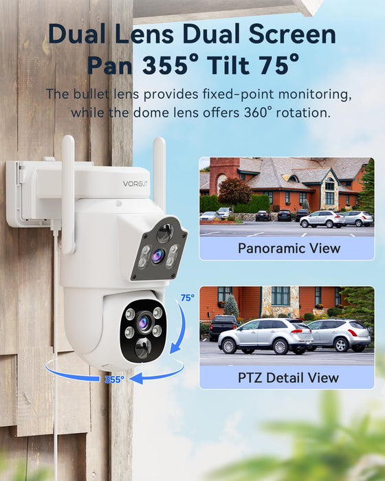 12'' Monitor NVR + 500G HDD, VORGUT Solar Camera Security Outdoor Wireless, 2pcs Dual Lens (3MP+3MP) Home Security Cameras System Outside Indoor, 16CH Monitor 2.4G/5G WiFi, 355 ° PTZ, Human Detection