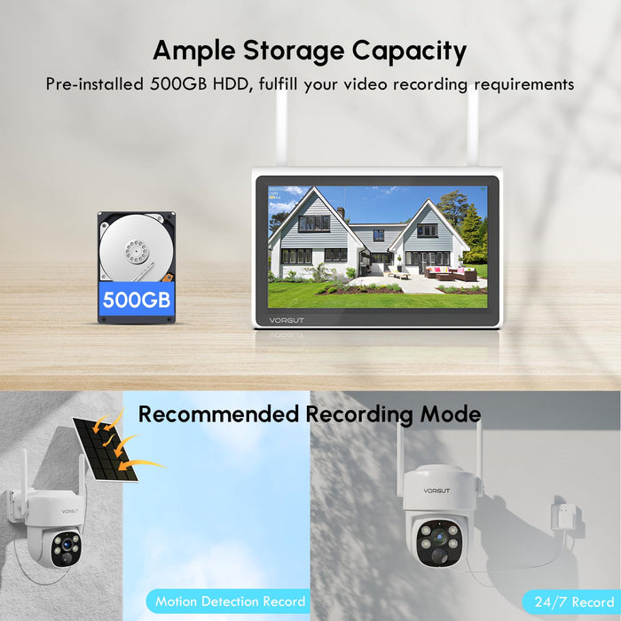 Solar Security Camera System, 10" LCD Monitor 10CH WLAN NVR with 500GB HDD, 4X 4MP PTZ WiFi Battery Powered Surveillance Camera,Outdoor Solar Wireless CCTV Kits,PIR Human Detection/2-Way Talk