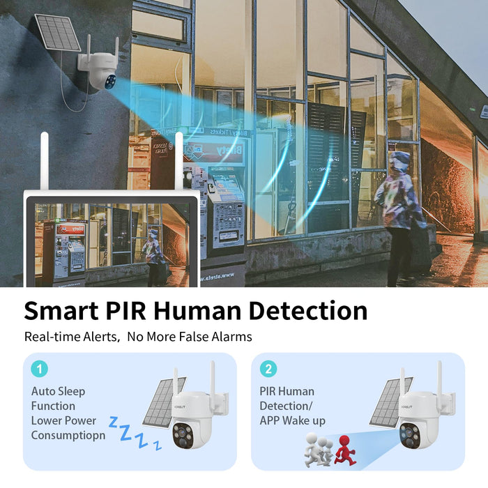 Solar Security Camera System, 10" LCD Monitor 10CH WLAN NVR with 500GB HDD, 4X 4MP PTZ WiFi Battery Powered Surveillance Camera,Outdoor Solar Wireless CCTV Kits,PIR Human Detection/2-Way Talk