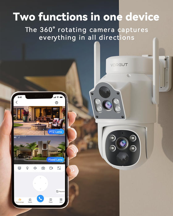 12'' Monitor NVR + 500G HDD, VORGUT Solar Camera Security Outdoor Wireless, 2pcs Dual Lens (3MP+3MP) Home Security Cameras System Outside Indoor, 16CH Monitor 2.4G/5G WiFi, 355 ° PTZ, Human Detection