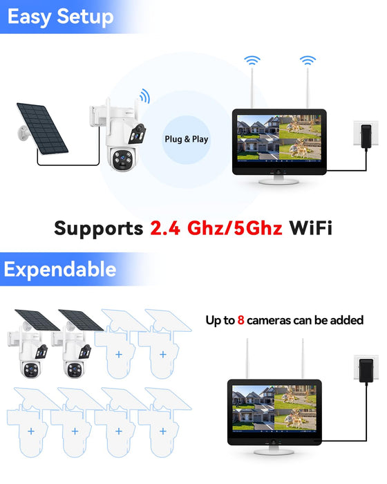 12'' Monitor NVR + 500G HDD, VORGUT Solar Camera Security Outdoor Wireless, 2pcs Dual Lens (3MP+3MP) Home Security Cameras System Outside Indoor, 16CH Monitor 2.4G/5G WiFi, 355 ° PTZ, Human Detection