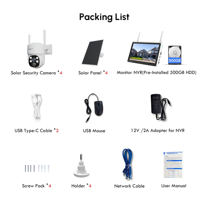 Solar Security Camera System, 10" LCD Monitor 10CH WLAN NVR with 500GB HDD, 4X 4MP PTZ WiFi Battery Powered Surveillance Camera,Outdoor Solar Wireless CCTV Kits,PIR Human Detection/2-Way Talk